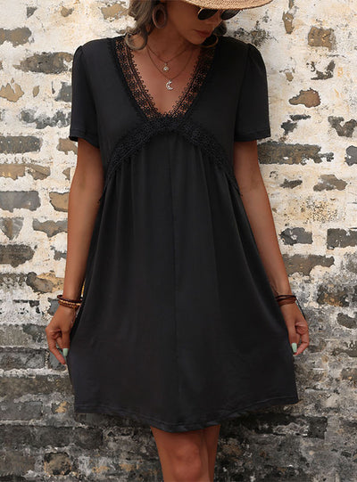 Short Sleeve Lace Stitching Loose Dress