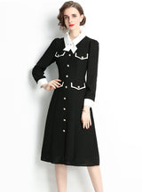 French Lapel Long Sleeve Contrast Retro Dress