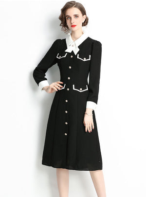 French Lapel Long Sleeve Contrast Retro Dress
