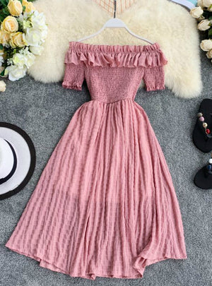 Plaid Slash Neck Off Shouder Solid Summer Dresses