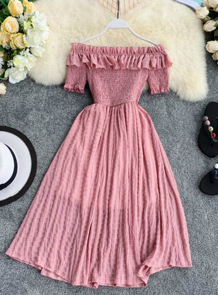 Plaid Slash Neck Off Shouder Solid Summer Dresses