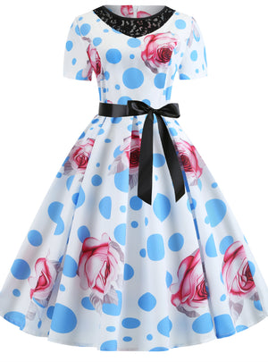 Retro Short Sleeve Printed Lace Dress