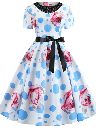 Retro Short Sleeve Printed Lace Dress