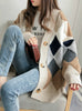 Plaid V-Neck Cardigans Single Breasted Puff Sleeve Loose