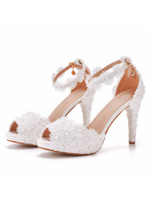 Thin Lace Beaded High-heeled Sandals