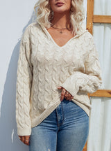 Solid Color V-neck Hooded Retro Twist Sweater