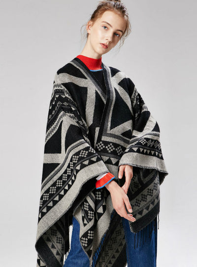 India Nepal Geometric Tassel Split Long Cloak