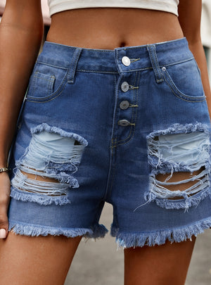 Buttons Holes and Raw Edges Denim Shorts