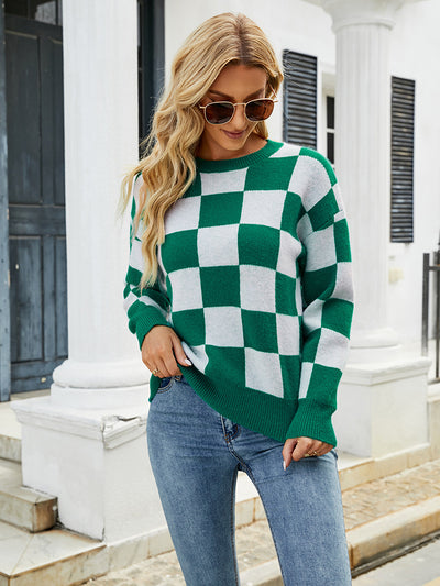 Loose Turtleneck Plaid Color Matching Sweater