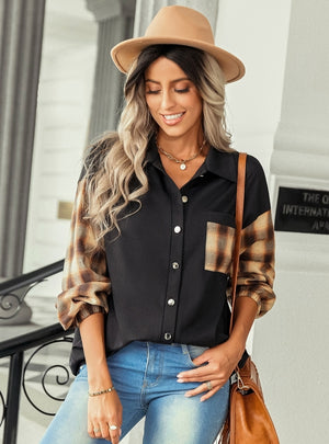 Plaid Stitching Lapel Loose Shirt