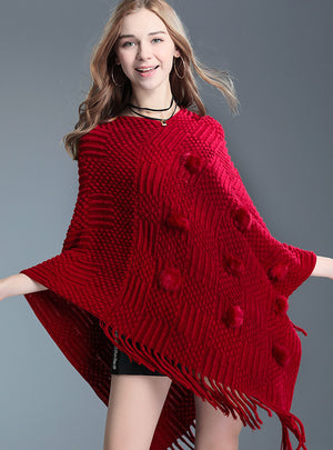 Fringed Sweater Fur Ball Shawl Cape Knitted Shawl