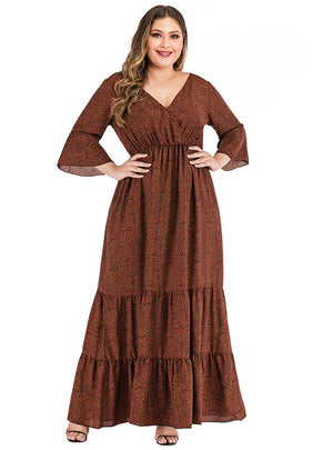 Leopard Print V-neck Trumpet Sleeve Big Swing Dress