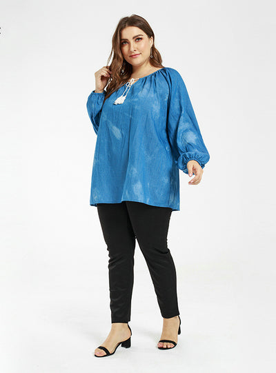 Casual Lantern Sleeve Thin Tie-dyed Denim Top