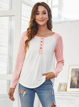 Round Neck Contrast Button Long Sleeve T-shirt