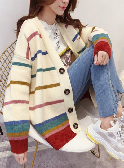 Loose Sweater Long Stripe Knit Cardigan For Women
