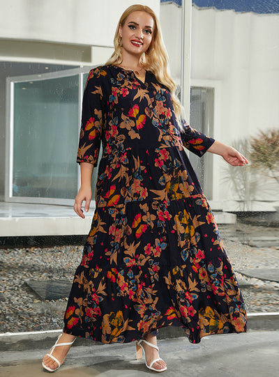 V-neck Cropped Sleeve Casual Splicing Dress