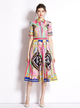 Printed Pleated Short Sleeves Dress