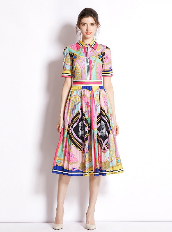 Printed Pleated Short Sleeves Dress