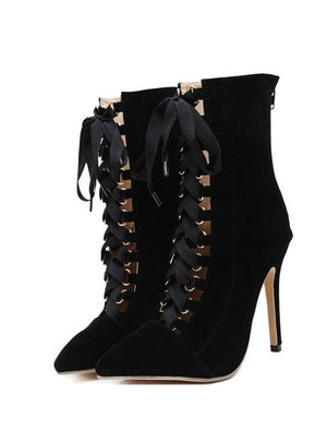 Lace Up High Heels Sandals Pointed Toe Boots 