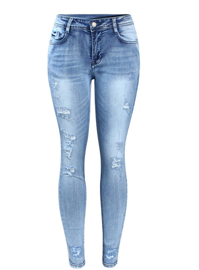 Mid Waist Stretchy Ripped Denim Pants Skinny Pencil Jeans 