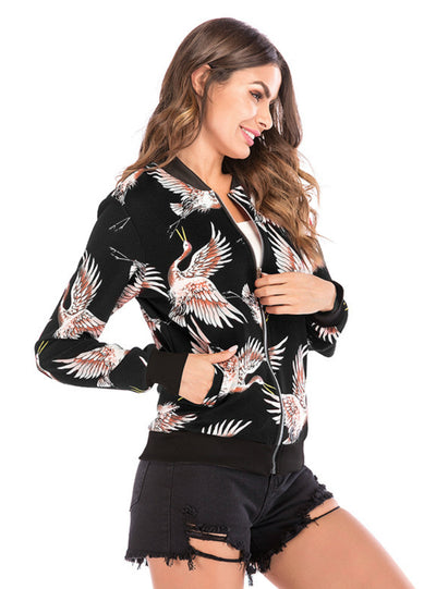 Leisure Flying Crane Printed Baseball Winter Zipper Coat