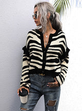 Short Contrast Striped Stitching Cardigan Sweater Jacket
