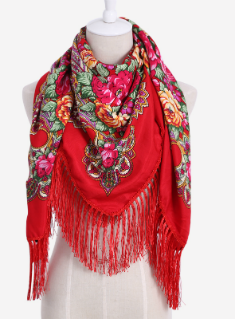 Square Scarf Cotton Long Tassel Print Scarf 