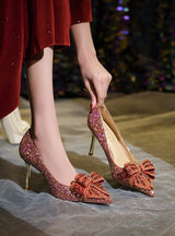 Golden Rhinestone Bow Crystal High-heeled Shoes