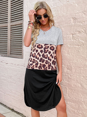 Short-sleeved Leopard Print Split Dress
