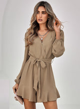 V-neck Long Sleeve Solid Color Casual Jumpsuit