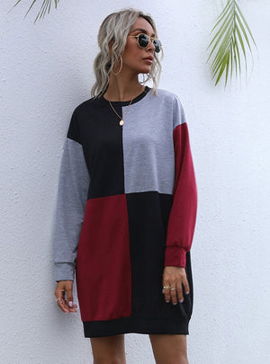 Spliced Long-sleeved Round Neck Contrast Sweater