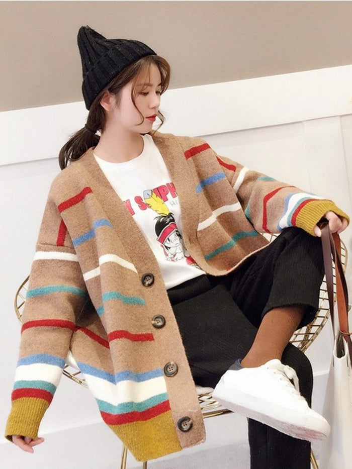 Women's Color Block Striped Cardigan - Chunky Knit Long Coatigan Loose Fit Sweater