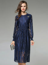 Lace Dress Dark Blue Elastic Midi Dress Party Dress 