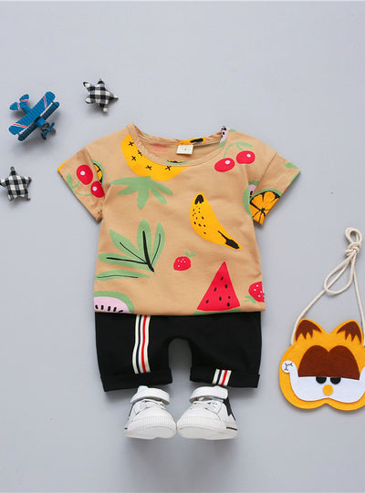 Cartoon Printed Fruit Short Sleeve T shirt+Pants Boy Suit