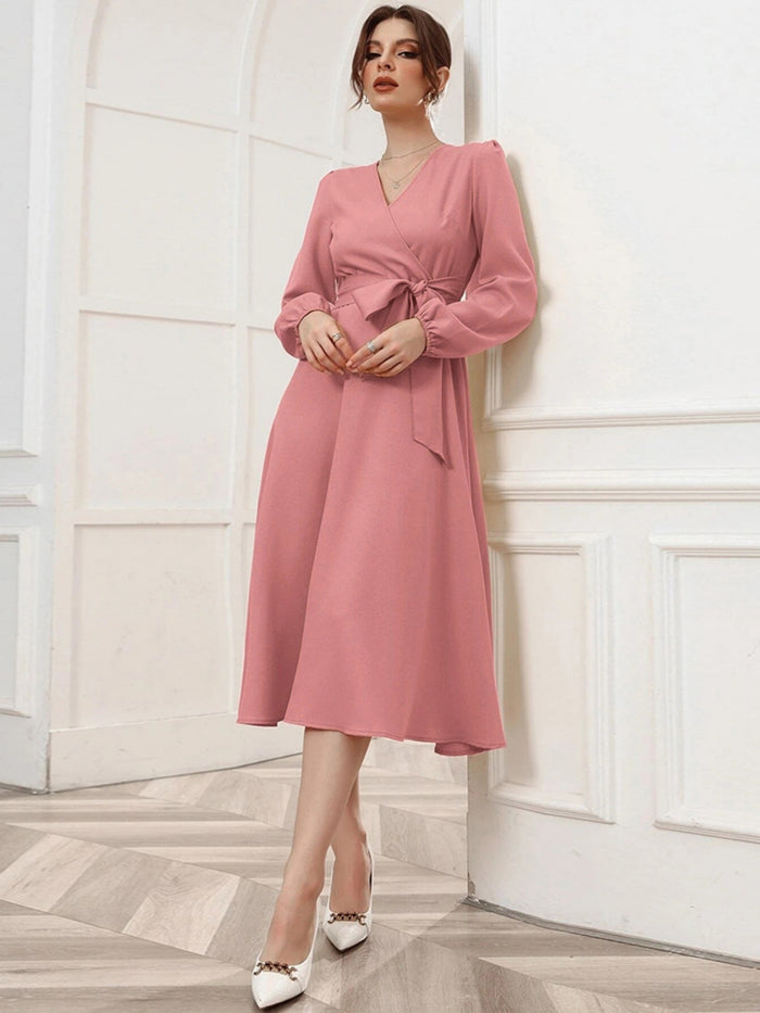 Bubble Sleeve Belt V-neck Long-sleeved Dress