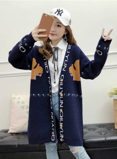 Long Sleeve Mid-Length Knitted Cardigan Thick Coat 