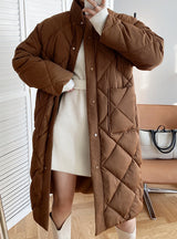 Long Cotton-padded Coat Stand-up Collar Argyle Pattern Oversized