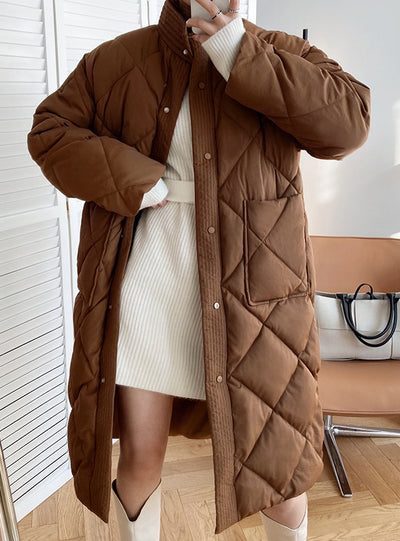 Long Cotton-padded Coat Stand-up Collar Argyle Pattern Oversized