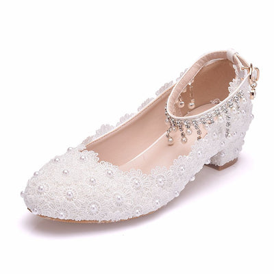 White Lace Square Round Head Wedding Shoes