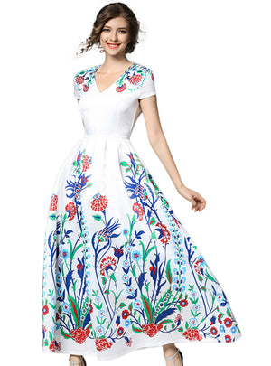 Woman Floral Printed Big Hem A-Line Maxi Party Dress