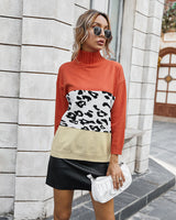 Turtle Neck Female Color Leopard Pattern Sweater