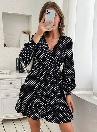 V-neck Polka Dot Long Sleeve Dress