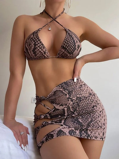 Snakeskin Three-piece Cross-tether Hip-wrapped Swimsuit