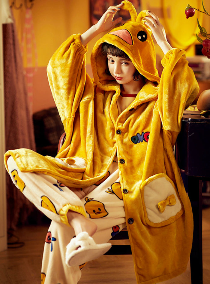 Coral Velvet Pajamas Bathrobe Flannel Little Yellow Duck