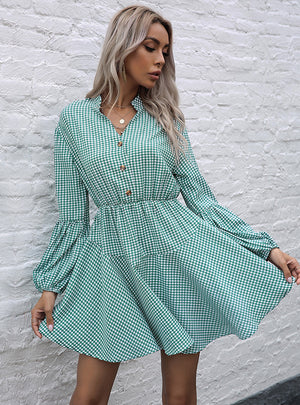 Long Sleeve Printed Plaid A-line Dress