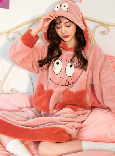 Pink Coral Velvet Long Sleeve Hooded Nightdress