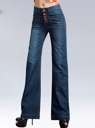 Wide Leg Denim Jeans Breasted Dark Blue