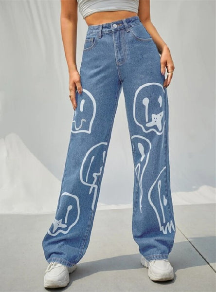 Straight High Waist Print Denim Wide Leg Pants
