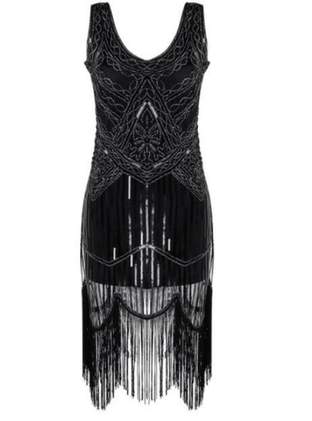 Sexy Sequins Tassels Black V-Neck Party Dress