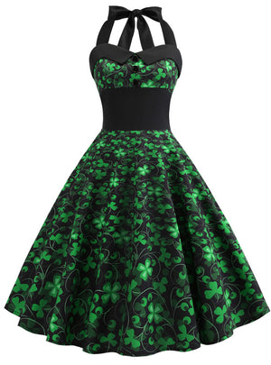 Retro Sleeveless Four-leaf Clover Print Dress